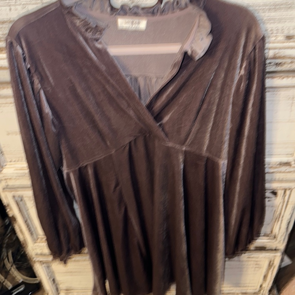 Umgee brownish purple velvet shorter dress or tunic has long elastic sleeve Med